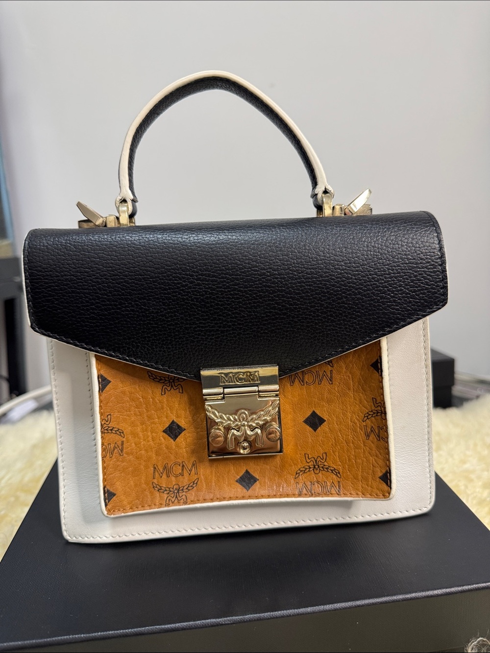 MCM Black, White & Cognac Visetos Trapezoid Top Handle Satchel